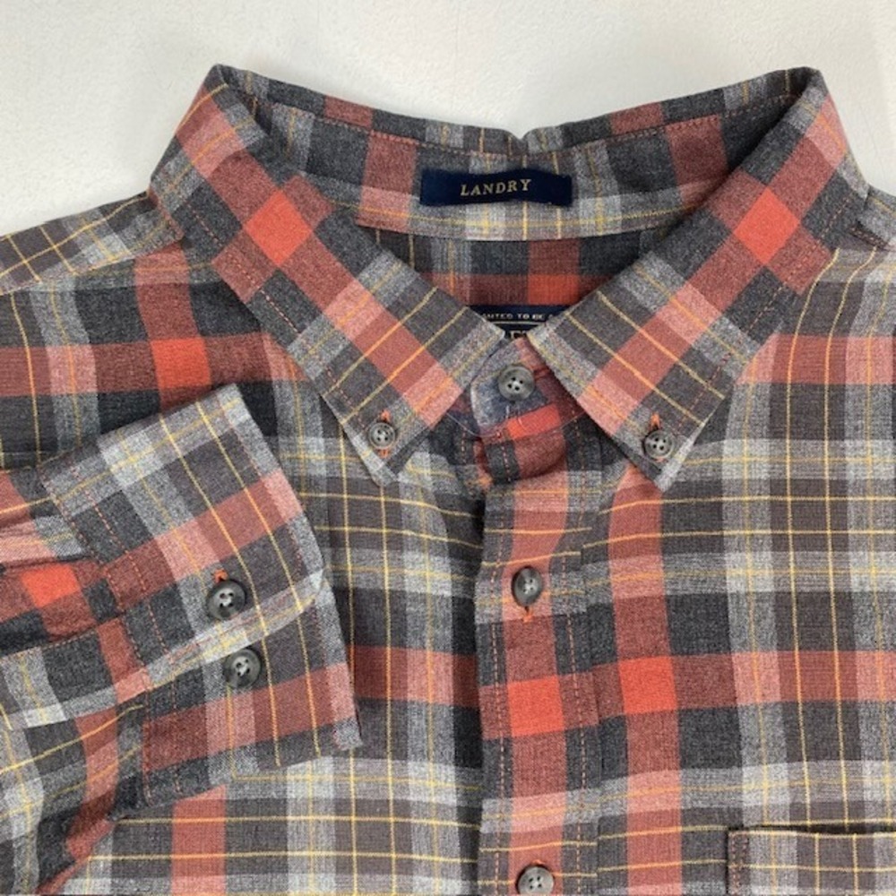 Pendleton Landry Mens XL Red Grey Plaid Cotton Wool Blend Button Down Shirt